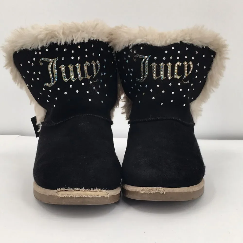 Juicy Couture Burbank Black Faux-Fur Trim Crystal-Embellished Winter Boots